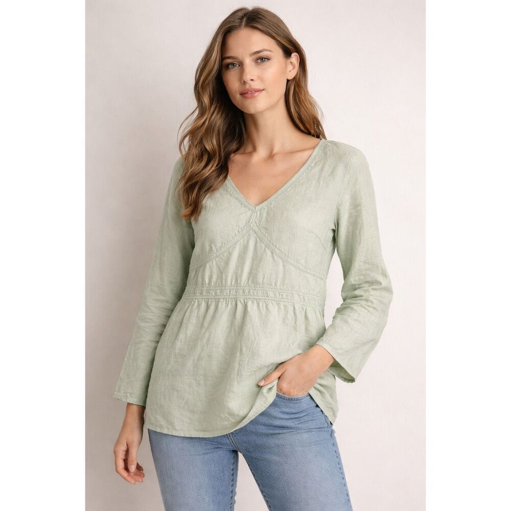 Edward Irish Linen Green Blouse Womens Large Boho V Neck Top